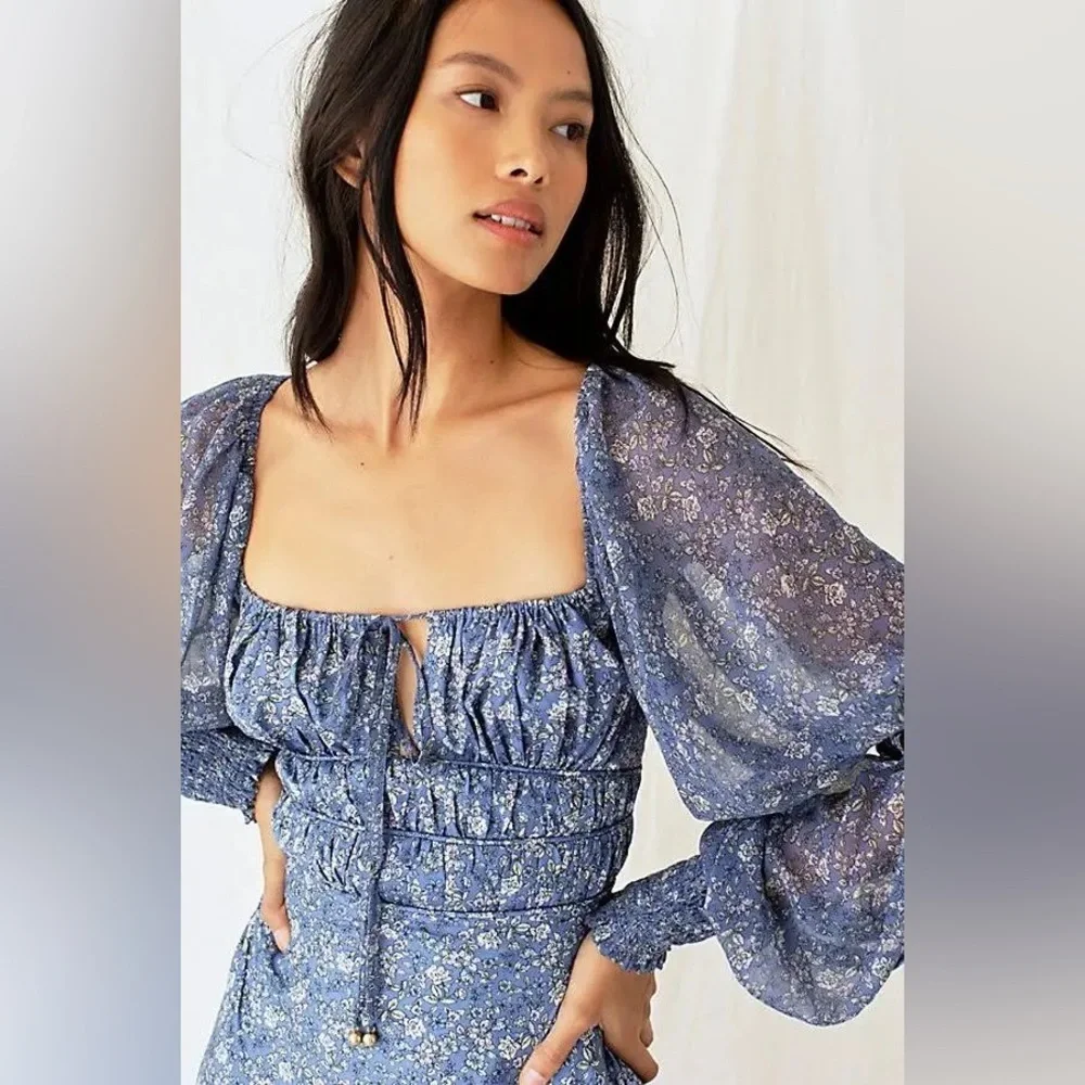 Free People Blue Floral Long Sleeve Midi Dress